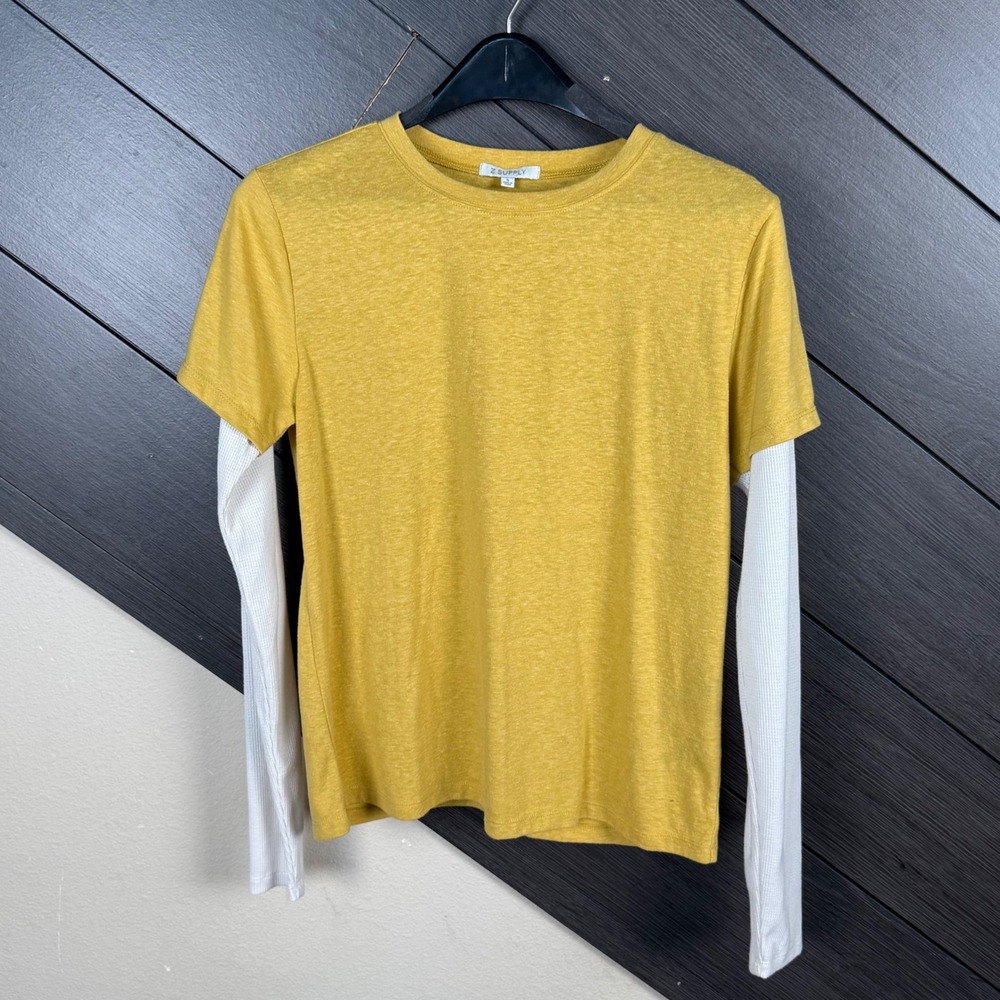 Z Supply Women's Layered Look T-Shirt Small Mustard Yellow White Thermal Sleeve
